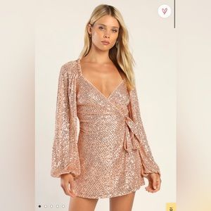 Lulus You Glow Girl Rose Gold Sequin Wrap Skort Romper - Small